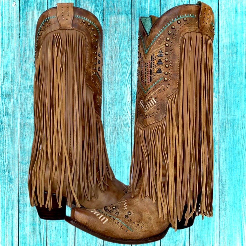 Sold CORRAL Vintage Fringe Aztec Swarovski Crystal Cowgirl Cowboy Western Boots - Picture 1 of 4